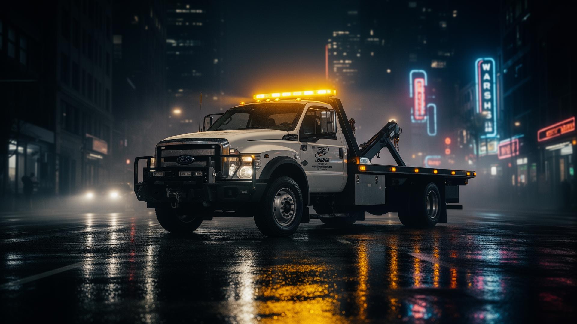 Sinbad Towing flatbed truck on a city street at night